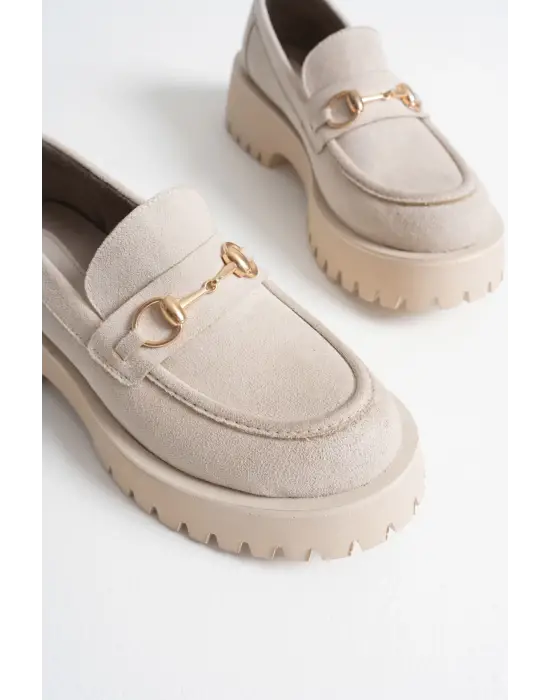 Lara Toka Detaylı Bej Süet Günlük Loafer Ayakkabı