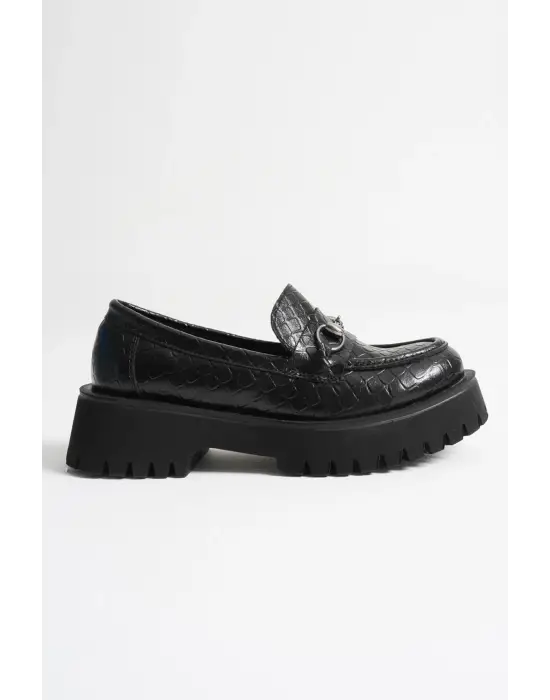 Lara Toka Detaylı Siyah Kroko Baskılı Günlük Loafer Ayakkabı