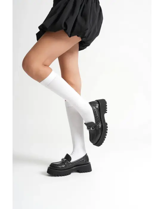 Lara Toka Detaylı Siyah Kroko Baskılı Günlük Loafer Ayakkabı