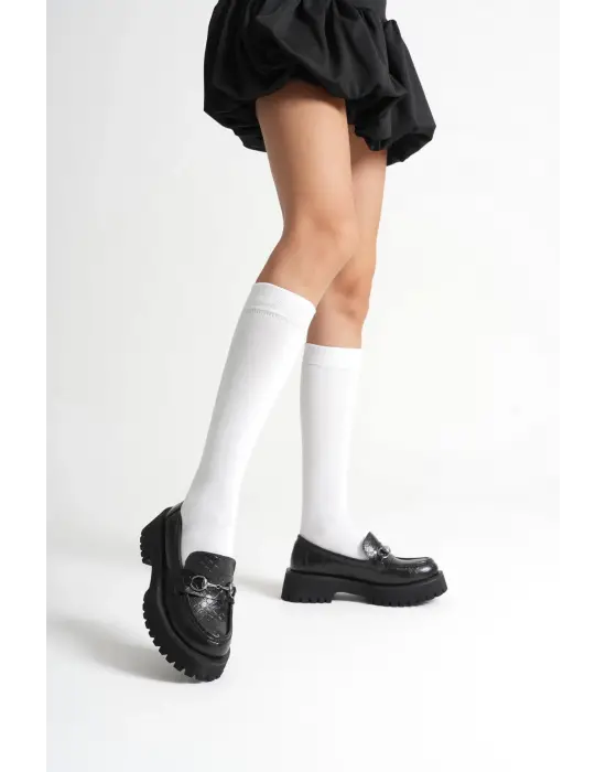 Lara Toka Detaylı Siyah Kroko Baskılı Günlük Loafer Ayakkabı