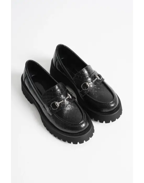 Lara Toka Detaylı Siyah Kroko Baskılı Günlük Loafer Ayakkabı