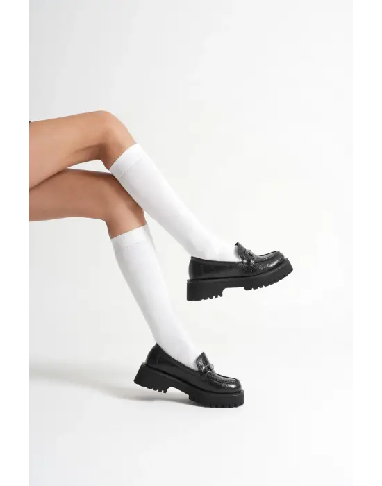 Lara Toka Detaylı Siyah Kroko Baskılı Günlük Loafer Ayakkabı