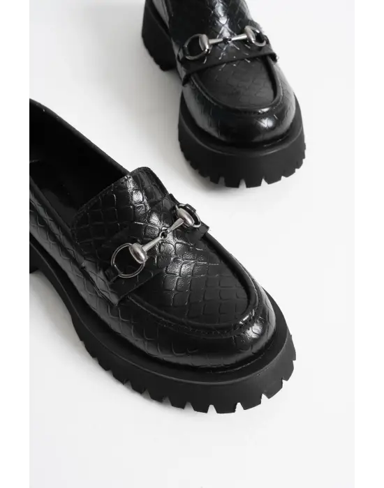 Lara Toka Detaylı Siyah Kroko Baskılı Günlük Loafer Ayakkabı