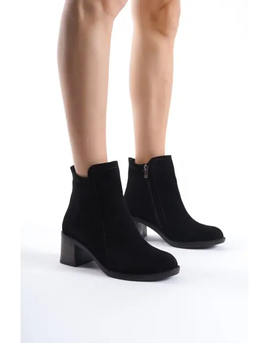 Larıssa Fermuarlı Ortopedik Taban Topuklu Süet Kadın Bot  St - Siyah