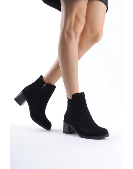 Larıssa Fermuarlı Ortopedik Taban Topuklu Süet Kadın Bot  St - Siyah