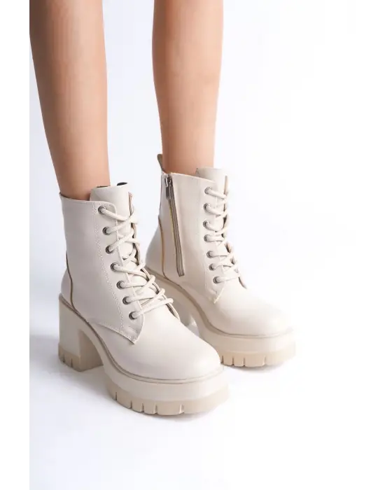 Lauren Bağcıklı Fermuarlı Ortopedik Taban Topuklukadın Bot  Kt - Krem
