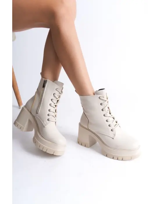 Lauren Bağcıklı Fermuarlı Ortopedik Taban Topuklukadın Bot  Kt - Krem