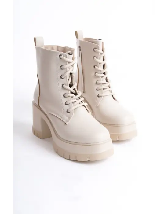 Lauren Bağcıklı Fermuarlı Ortopedik Taban Topuklukadın Bot  Kt - Krem