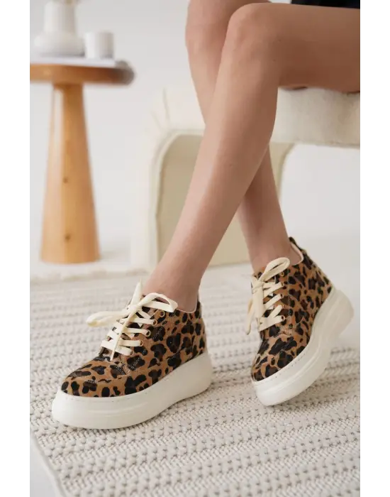 Lauren Kadın Gizli Topuk Beyaz Taban Leopar Spor Ayakkabı