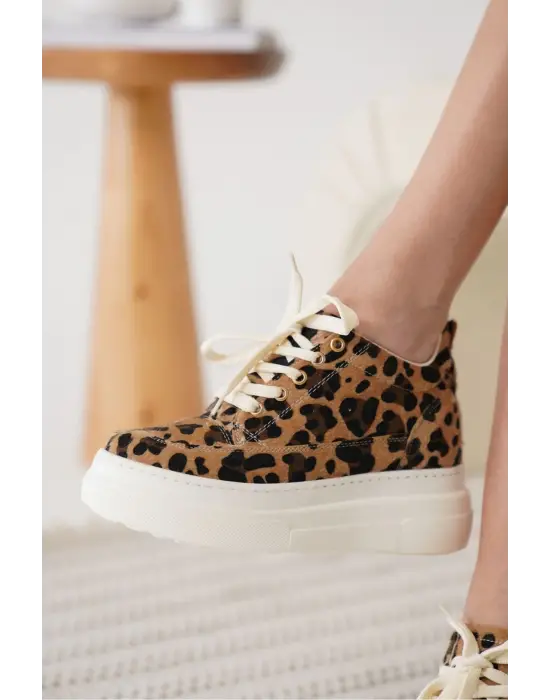 Lauren Kadın Gizli Topuk Beyaz Taban Leopar Spor Ayakkabı
