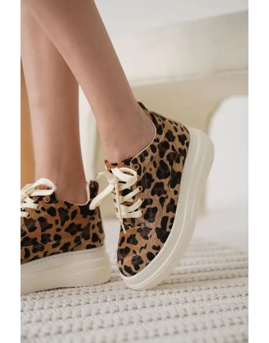 Lauren Kadın Gizli Topuk Beyaz Taban Leopar Spor Ayakkabı