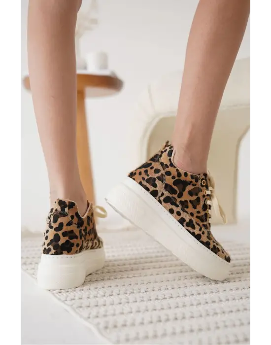 Lauren Kadın Gizli Topuk Beyaz Taban Leopar Spor Ayakkabı