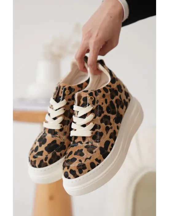 Lauren Kadın Gizli Topuk Beyaz Taban Leopar Spor Ayakkabı