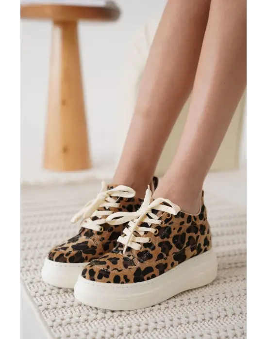 Lauren Kadın Gizli Topuk Beyaz Taban Leopar Spor Ayakkabı