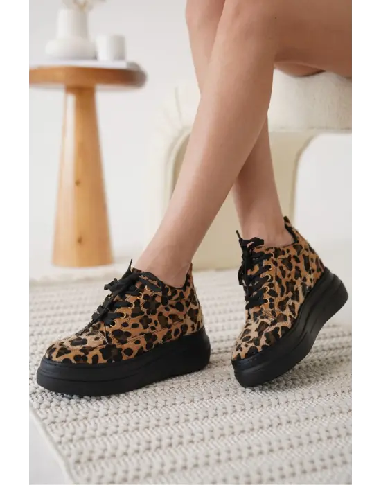 Lauren Kadın Gizli Topuk Siyah Taban Leopar Spor Ayakkabı