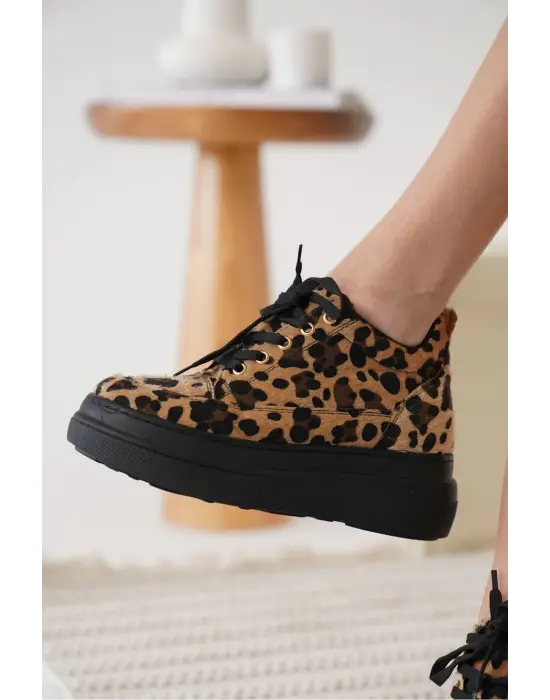Lauren Kadın Gizli Topuk Siyah Taban Leopar Spor Ayakkabı