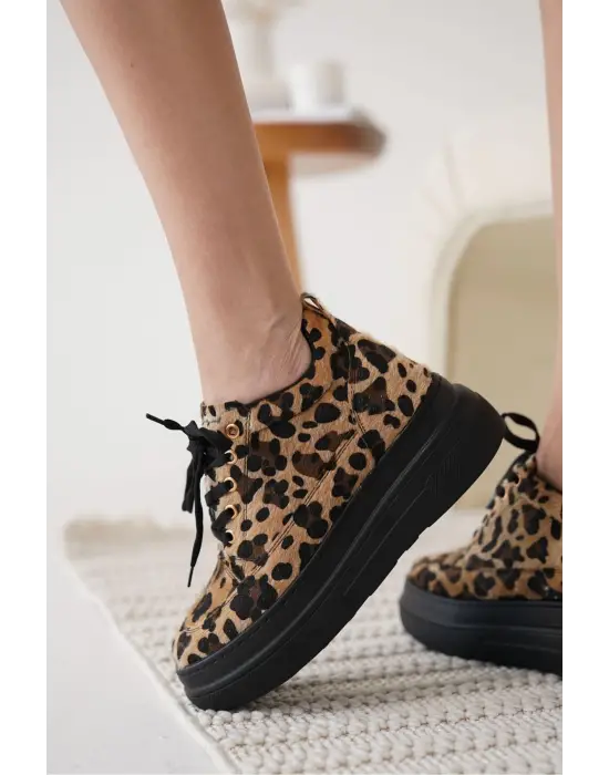Lauren Kadın Gizli Topuk Siyah Taban Leopar Spor Ayakkabı