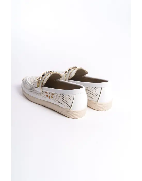 Layla Bağcıksız Ortopedik Rahat Taban Çiçek Desenli Kadın Babet Ayakkabı  Kt - Beyaz