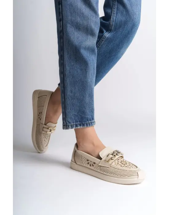 Layla Bağcıksız Ortopedik Rahat Taban Çiçek Desenli Kadın Babet Ayakkabı Kt - Krem