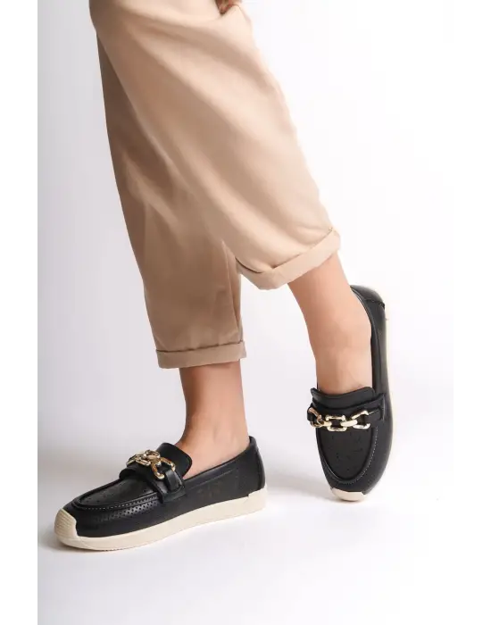 Layla Bağcıksız Ortopedik Rahat Taban Çiçek Desenli Kadın Babet Ayakkabı  Kt - Siyah