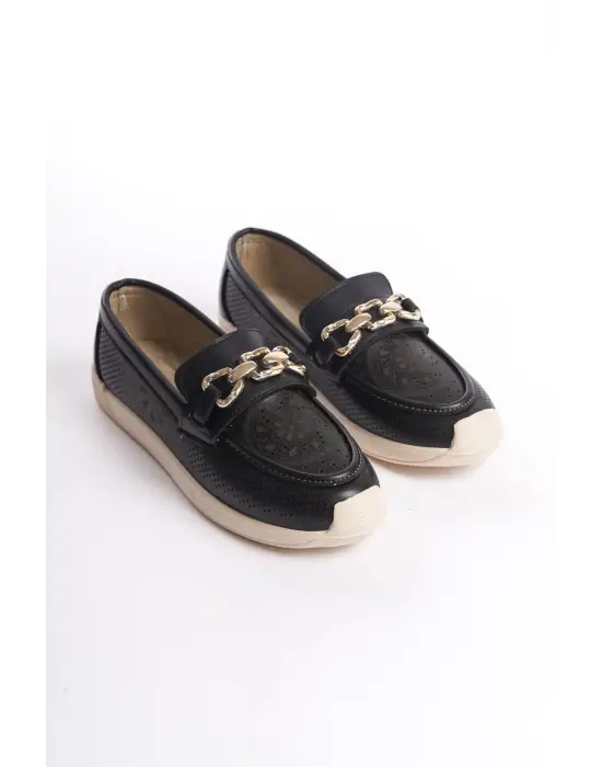 Layla Bağcıksız Ortopedik Rahat Taban Çiçek Desenli Kadın Babet Ayakkabı  Kt - Siyah