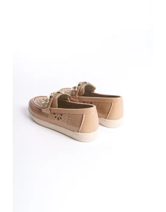 Layla Bağcıksız Ortopedik Rahat Taban Çiçek Desenli Kadın Babet Ayakkabı  Kt - Ten