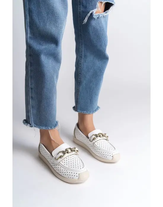 Layla Bağcıksız Ortopedik Rahat Taban Kalp Desenli Kadın Babet Ayakkabı  Kt - Beyaz