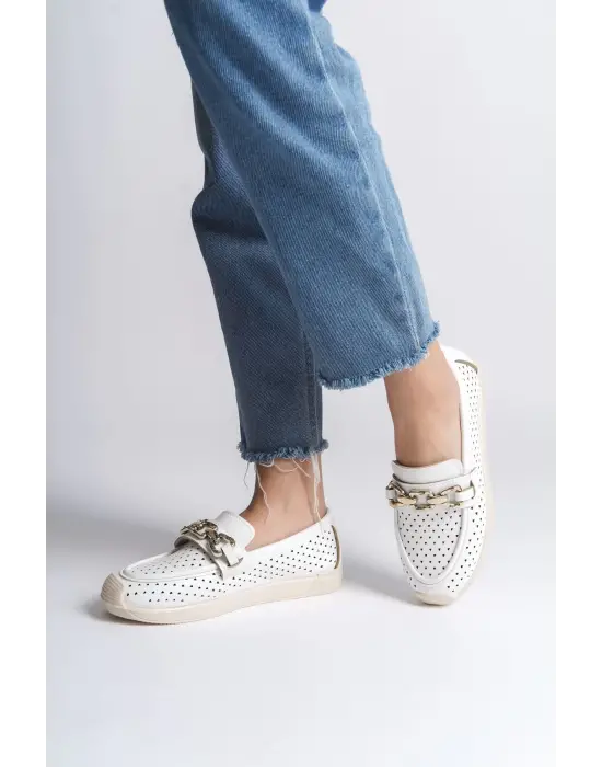 Layla Bağcıksız Ortopedik Rahat Taban Kalp Desenli Kadın Babet Ayakkabı  Kt - Beyaz