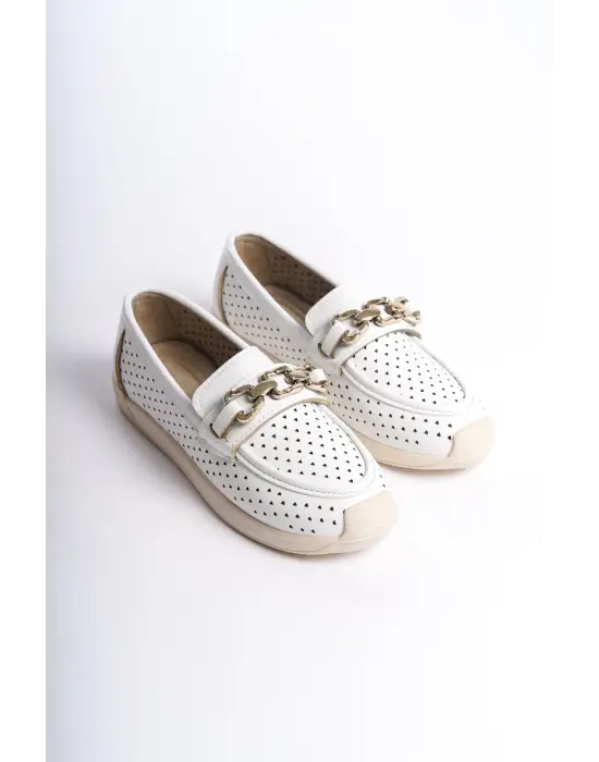 Layla Bağcıksız Ortopedik Rahat Taban Kalp Desenli Kadın Babet Ayakkabı  Kt - Beyaz