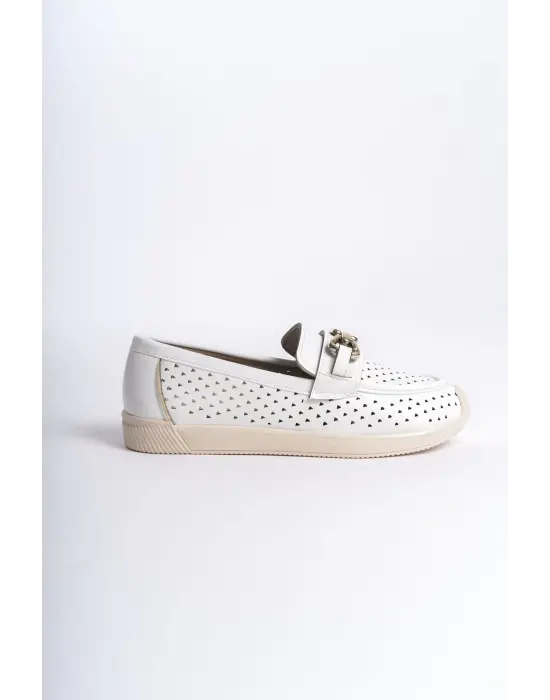 Layla Bağcıksız Ortopedik Rahat Taban Kalp Desenli Kadın Babet Ayakkabı  Kt - Beyaz