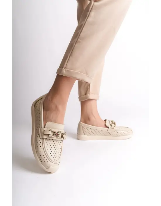 Layla Bağcıksız Ortopedik Rahat Taban Kalp Desenli Kadın Babet Ayakkabı Kt - Krem