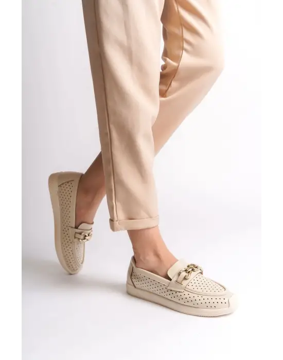 Layla Bağcıksız Ortopedik Rahat Taban Kalp Desenli Kadın Babet Ayakkabı Kt - Krem