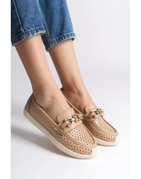 Layla Bağcıksız Ortopedik Rahat Taban Kalp Desenli Kadın Babet Ayakkabı Kt - Ten