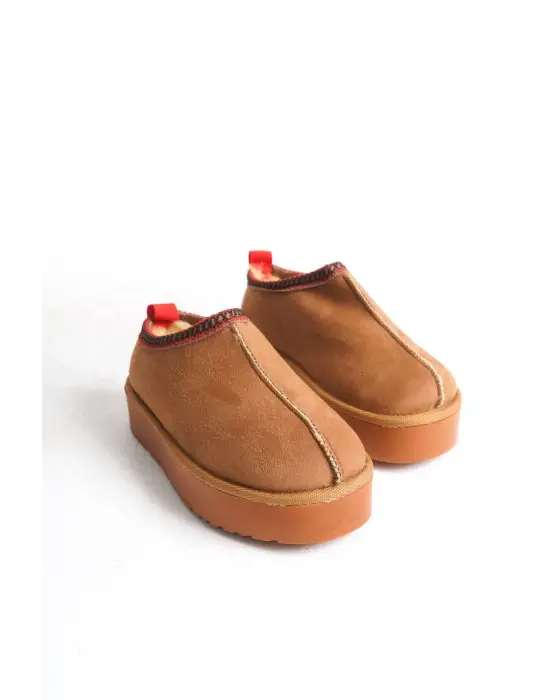 Leıla Bağcıksız Düz Ve Kalın Taban İçi Kürklü Kısa Süet Kadın Bot Stt - Taba