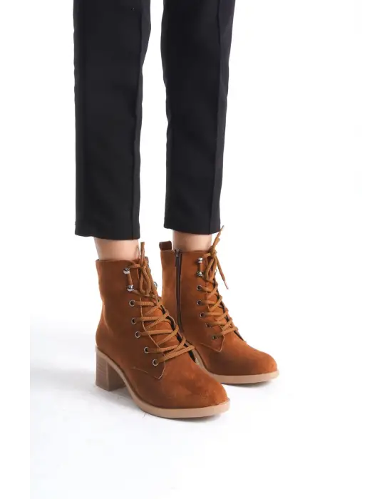 Lena Bağcıklı Fermuarlı Ortopedik Taban Topuklu Süet Kadın Bot Tt - Taba