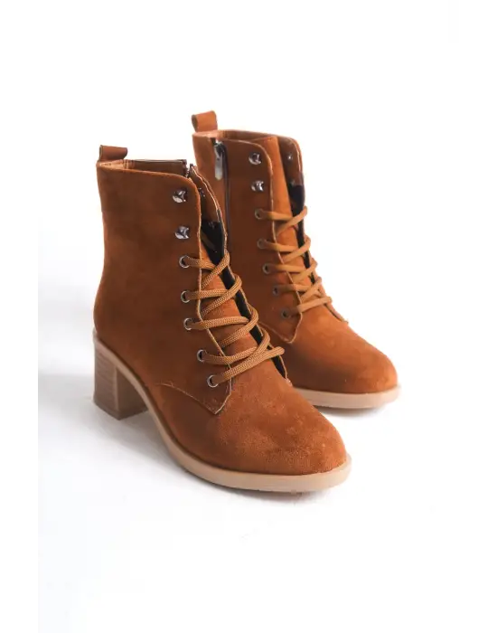 Lena Bağcıklı Fermuarlı Ortopedik Taban Topuklu Süet Kadın Bot Tt - Taba