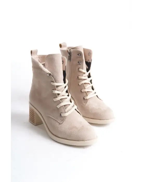 Lena Bağcıklı Fermuarlı Ortopedik Taban Topuklu Süet Kadın Bot  Tt - Ten