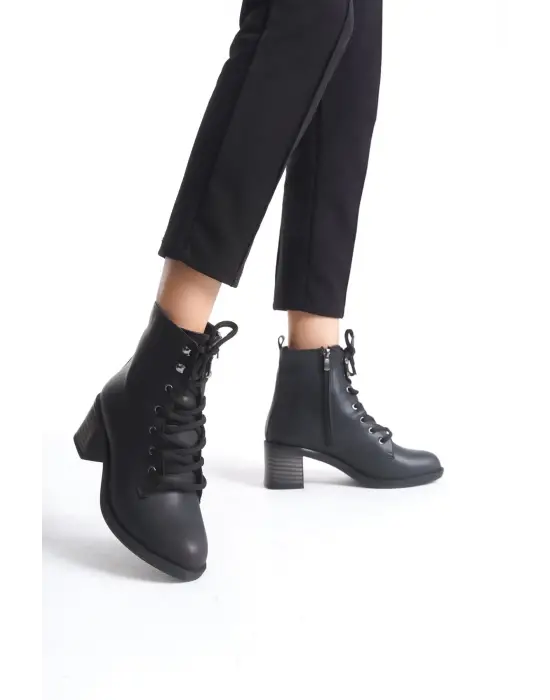 Lena Bağcıklı Fermuarlı Ortopedik Taban Topuklukadın Bot  St - Siyah