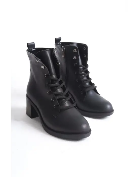 Lena Bağcıklı Fermuarlı Ortopedik Taban Topuklukadın Bot  St - Siyah