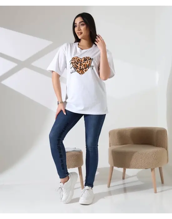 Leopar Kalp Baskılı Tişört