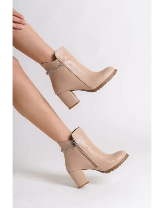 Lıa Fermuarlı Ortopedik Taban Taşlı Topuklu Kadın Bot Ctt - Ten