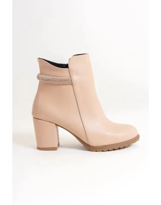Lıa Fermuarlı Ortopedik Taban Taşlı Topuklu Kadın Bot Ctt - Ten