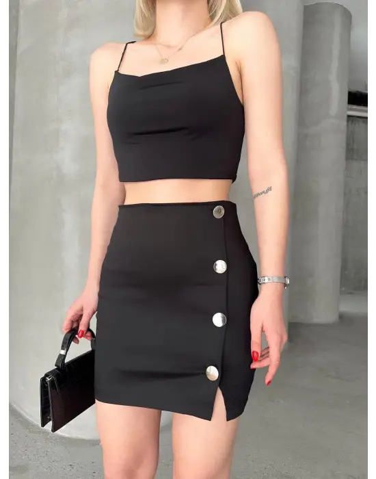 Likralı Gabardin Dört Düğmeli Etek