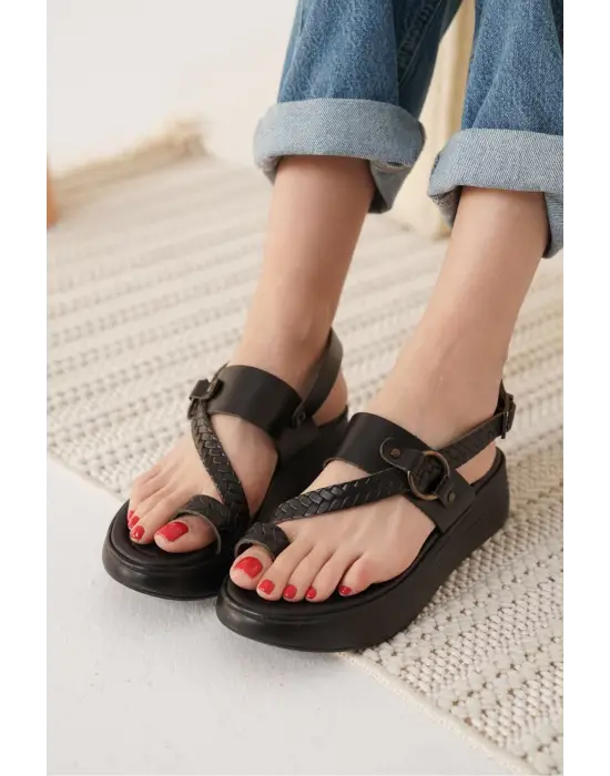 Likya Siyah Hakiki Deri Sandalet