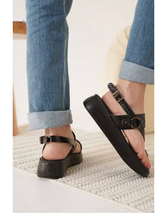 Likya Siyah Hakiki Deri Sandalet