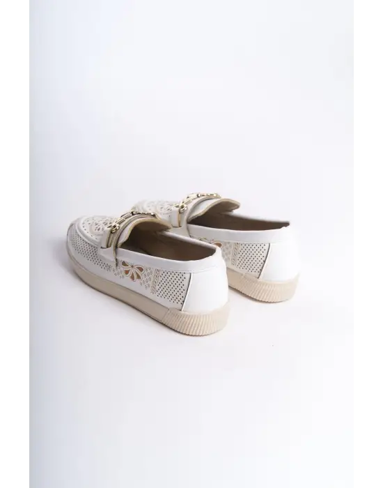 Lıly Bağcıksız Ortopedik Rahat Taban Çiçek Desenli Kadın Babet Ayakkabı  Kt - Beyaz