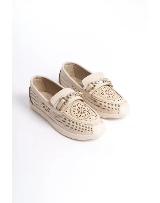 Lıly Bağcıksız Ortopedik Rahat Taban Çiçek Desenli Kadın Babet Ayakkabı Kt - Krem