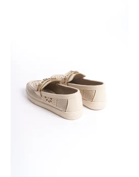 Lıly Bağcıksız Ortopedik Rahat Taban Çiçek Desenli Kadın Babet Ayakkabı Kt - Krem