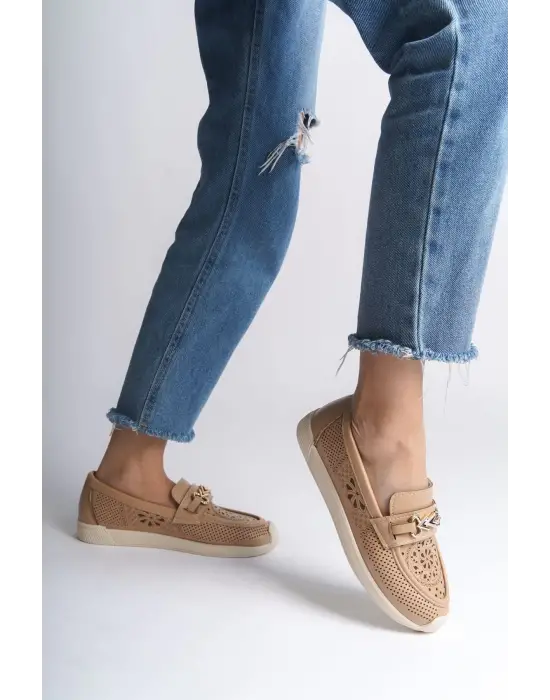 Lıly Bağcıksız Ortopedik Rahat Taban Çiçek Desenli Kadın Babet Ayakkabı  Kt - Ten