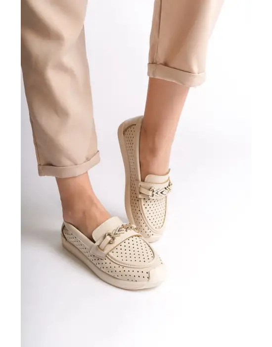 Lıly Bağcıksız Ortopedik Rahat Taban Kalp Desenli Kadın Babet Ayakkabı  Kt - Krem